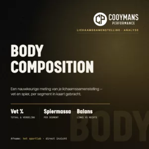 Cooymans Performance logo with text describing body composition analysis including fat percentage, muscle mass per segment, and balance between left and right sides