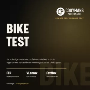 Cooymans Performance logo with text 'Bike Test' and description of metabolic profiling for cycling with FTP, VLamax, and FatMax testing requirements